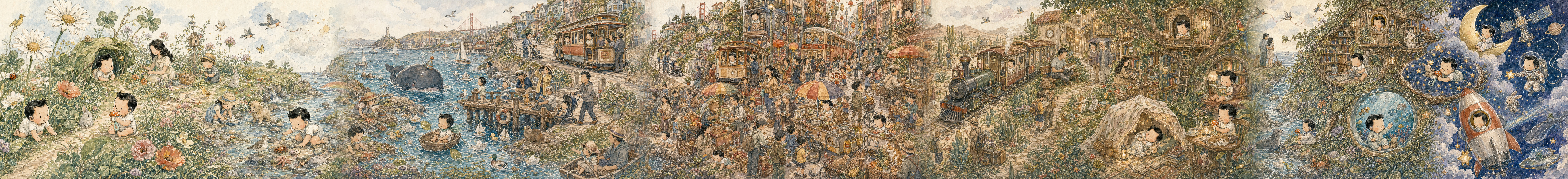 A dense whimsical watercolor seek-and-find mural of baby Anderson hidden across gardens, oceans, city streets, markets, trains, treehouses, space scenes, animals, tiny crowds, and subtle family cameos.